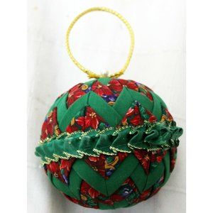 Quilted Christmas Ornament Green Red Floral Pattern Poinsettias Ribbon Decorated
